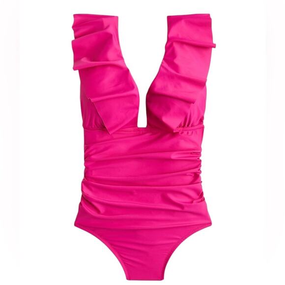 NWT J Crew Ruched Ruffled One Piece Bathing Suit Swim Fuchsia Size 8 - Picture 1 of 7